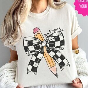 Personalized Back to School Teacher T- Shirt, Retro Teacher Coquette Pencil Tee